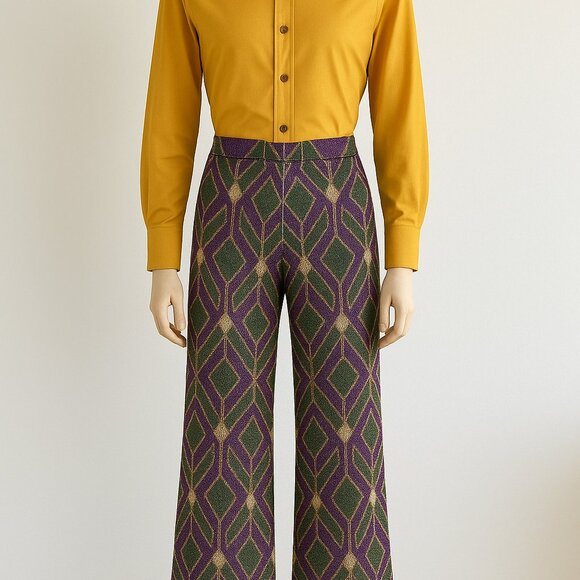 Dixie Metallic Wide Leg Pants Disco 70s 80s Purple Green Gold S Italy - Picture 2 of 13